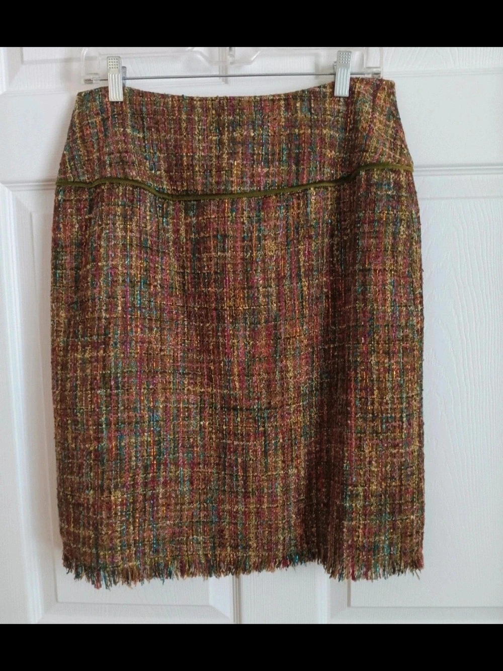 MDL New York Vintage Multi Color Metallic Tweed Fringe Pencil Skirt Size 8